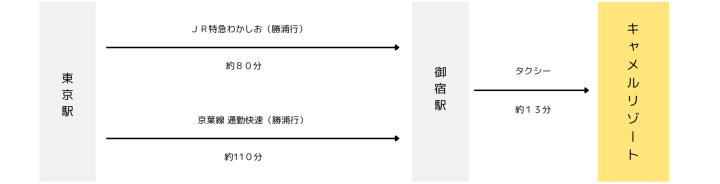 東京方面からキャメルリゾートまでの電車での経路図